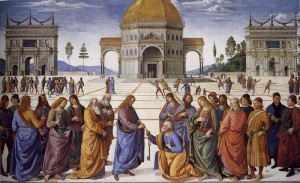 Consegna delle chiavi, Perugino, 1481-1482 circa, Cappella Sistina, Città del Vaticano.